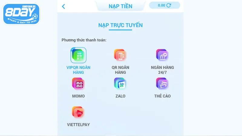 Đa dạng phương thức nạp tiền nhanh, an toàn tại 8Day