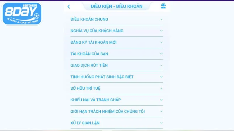 Điều kiện điều khoản được áp dụng tại nhà cái 8Day
