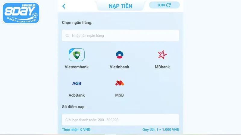 Nạp tiền 8Day nhanh chóng chỉ với vài phút